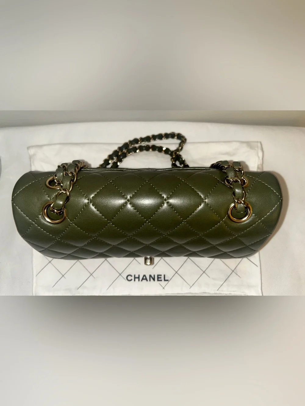 CHANEL Small Classic Double Flap Lambskin Quilted Handbag Olive / Gold Hardware